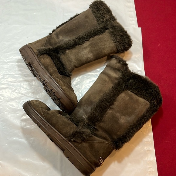 Ugg Sunburst BOOTS BROWN suede sheepskin 12” Tall wool lined pull on size 6 USA - Picture 5 of 12